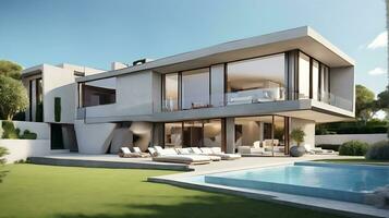 3d rendering of an impressive contemporary villa in exposed cement with garden and pool photo
