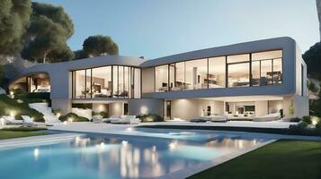 3d rendering of an impressive contemporary villa in exposed cement with garden and pool photo