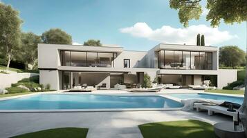 3d rendering of an impressive contemporary villa in exposed cement with garden and pool photo