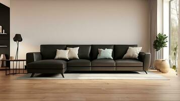 Modern interior with black sofa and parquet floor 3d rendering photo
