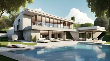 3d rendering of an impressive contemporary villa in exposed cement with garden and pool photo