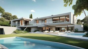 3d rendering of an impressive contemporary villa in exposed cement with garden and pool photo