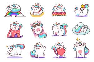 caticorn caracteres, gracioso gatito gato unicornios vector