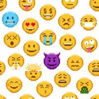 Pixel emoji seamless pattern, 8 bit background vector