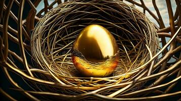 nuevo dorado huevo en pájaro nido en oscuro esquisto el dorado huevo en el nido generativo ai foto