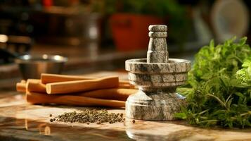 Mortar and pestle with fresh herbs on the table AI Generated photo