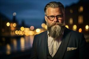 AI Generated Mature beard white men guy hipster model adult handsome fashionable businessman portrait style elegance business face caucasian male serious person one photo