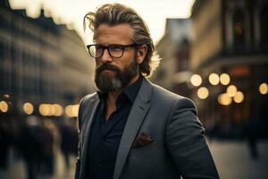 AI Generated Confident man model style portrait male success young fashionable caucasian professional stylish business suit businessman adult elegance lifestyle beard handsome happy attractive person photo