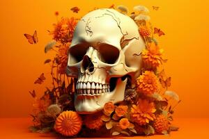 AI Generated Life human scary background gothic head skeleton skull bone black horror dead dark halloween flowers death photo