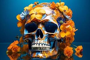ai generado antecedentes Víspera de Todos los Santos anatomía rojo flores horror cabeza Rosa Clásico concepto cara humano floral Arte esqueleto oscuro hueso gótico decoración cráneo escalofriante de miedo muerto muerte foto