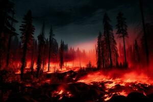 AI Generated Forest red hot wood smoke environment tree fire blaze orange nature night wildfire burnt destruction heat burn danger disaster emergency photo