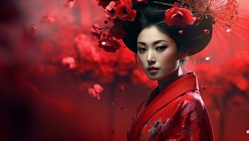 ai generado cultura estilo Moda tradicion disfraz China belleza oriental exótico blanco cara retrato negro kimono maquillaje mujer japonés rojo Asia asiático hembra Japón geisha rosado foto