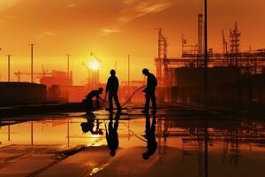 AI Generated Construction industrial teamwork sunset site background manufacturing people worker silhouette development contractor concept safety team business energy work building engineer photo