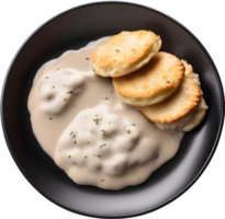 Image of Delicious-looking Biscuits and gravy. AI-Generated. png