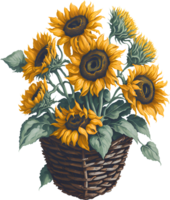 ein Gemälde von ein Strauß von Sonnenblumen im ein Korb. KI-generiert. png