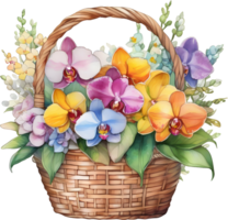 A painting of an Orchid bouquet in a basket. AI-Generated. png