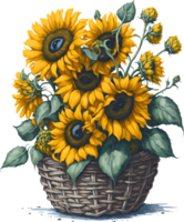 A painting of a bouquet of sunflowers in a basket. AI-Generated. png