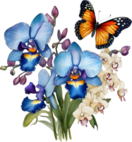 A painting of a bouquet of orchids and a butterfly. AI-Generated. png