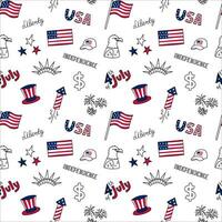 USA doodle elements seamless pattern. Vector 4th of July background with US symbols, American flag, eagle, hat. Repeating illustration