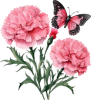 A painting of a bouquet of carnation and a butterfly. AI-Generated. png