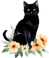 Flowers and black cat clipart for decoration in many projects. AI-Generated. png