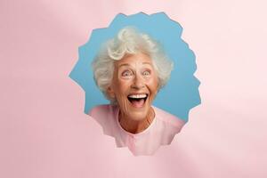 A senior woman smiles against a pastel background with holes in advertising style photo