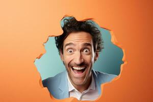 A man smiles against a pastel background with holes in advertising style photo