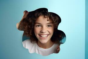 A woman or girl smiles against a pastel background with holes in advertising style photo