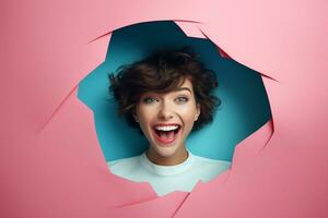 A woman or girl smiles against a pastel background with holes in advertising style photo