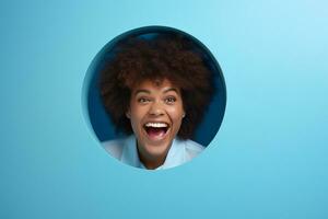 A woman or girl smiles against a pastel background with holes in advertising style photo