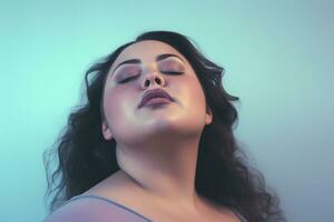 Beautiful overweight woman standing smiling in front of pastel background photo