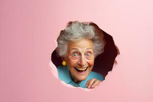 A senior woman smiles against a pastel background with holes in advertising style photo