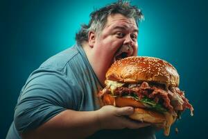 Overweight man eating a delicious hamburger photo