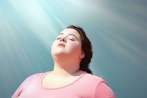 Beautiful overweight woman standing smiling in front of pastel background photo