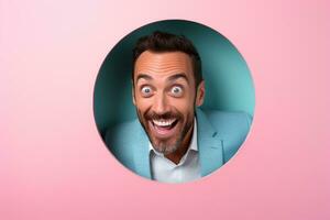 A man smiles against a pastel background with holes in advertising style photo