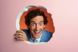 A man smiles against a pastel background with holes in advertising style photo