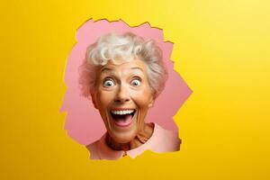 A senior woman smiles against a pastel background with holes in advertising style photo