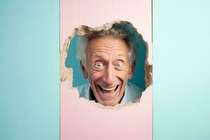 A senior man smiles against a pastel background with holes in advertising style photo