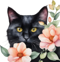 Flowers and black cat clipart for decoration in many projects. AI-Generated. png