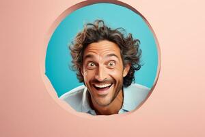 A man smiles against a pastel background with holes in advertising style photo