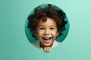 A boy smiles against a pastel background with holes in advertising style photo