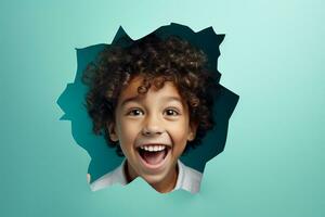 A boy smiles against a pastel background with holes in advertising style photo