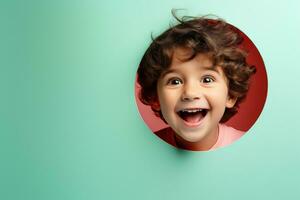 A boy smiles against a pastel background with holes in advertising style photo