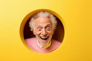 A senior man smiles against a pastel background with holes in advertising style photo