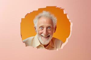 A senior man smiles against a pastel background with holes in advertising style photo