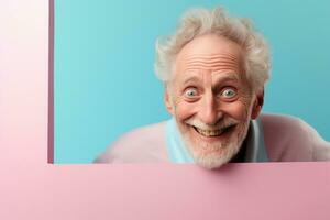 A senior man smiles against a pastel background with holes in advertising style photo