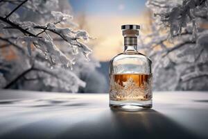 Mockup of a whiskey or liquor bottle on a natural style background photo