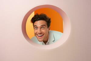 A man smiles against a pastel background with holes in advertising style photo