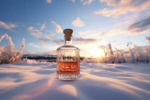 Mockup of a whiskey or liquor bottle on a natural style background photo