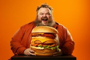 Overweight man eating a delicious hamburger photo